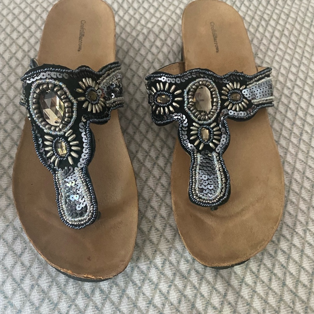 Croft & Barrow Tan Sandals with Black and Silver Accents